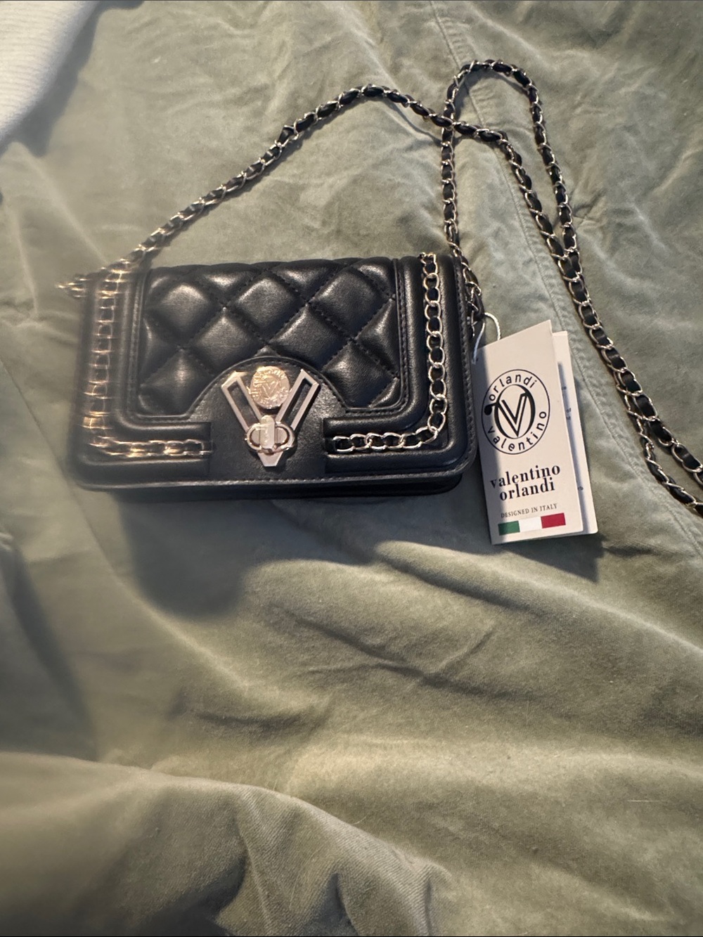 Valentino Orlandi Black Quilted Chain-Link Crossbody Bag with Gold Hardware